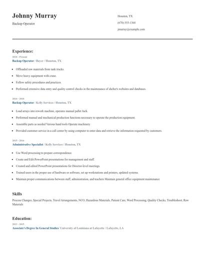 Backup Operator Resume