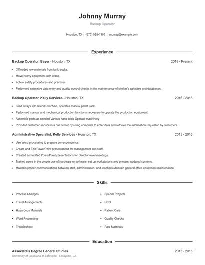 Backup Operator Resume