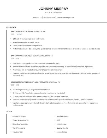 Backup Operator Resume