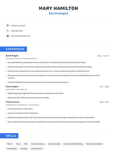 Bacteriologist Resume