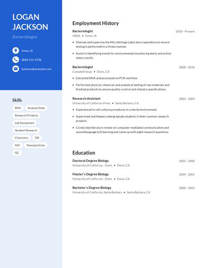 Bacteriologist Resume