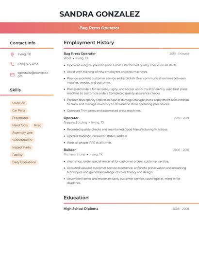 Bag Press Operator Resume