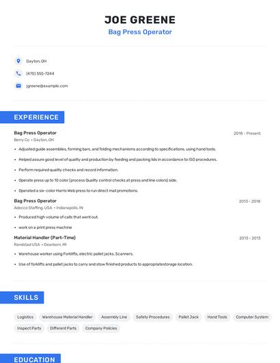 Bag Press Operator Resume