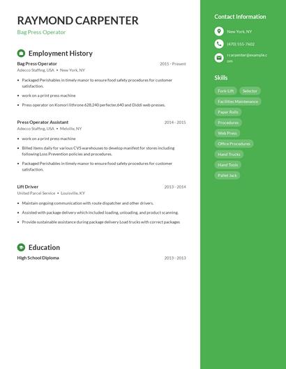 Bag Press Operator Resume