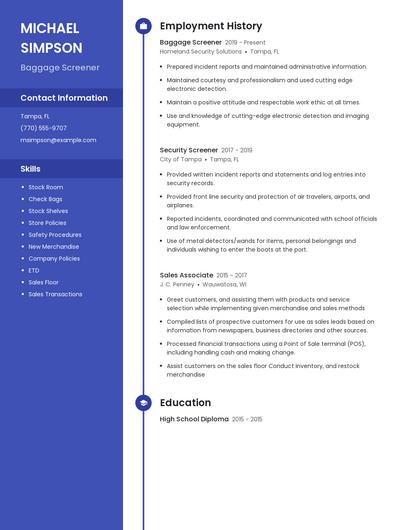 Baggage Screener Resume