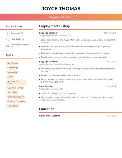 Baggage Screener Resume