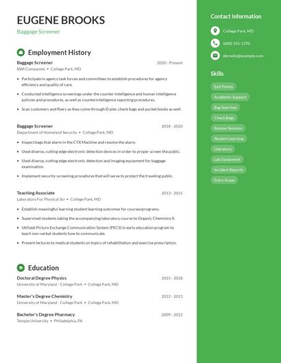 Baggage Screener Resume
