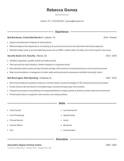 Bail Bondsman Resume
