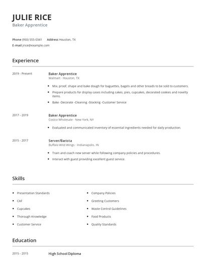 Baker Apprentice Resume