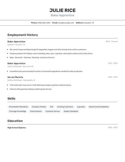 Baker Apprentice Resume
