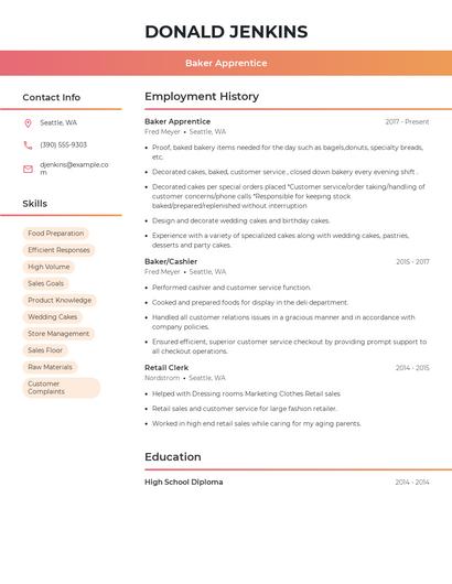 Baker Apprentice Resume
