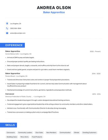 Baker Apprentice Resume