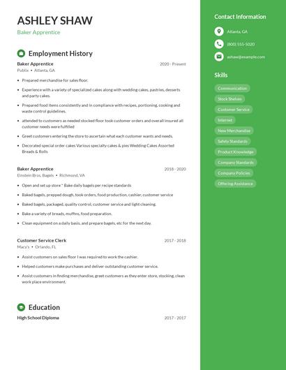 Baker Apprentice Resume