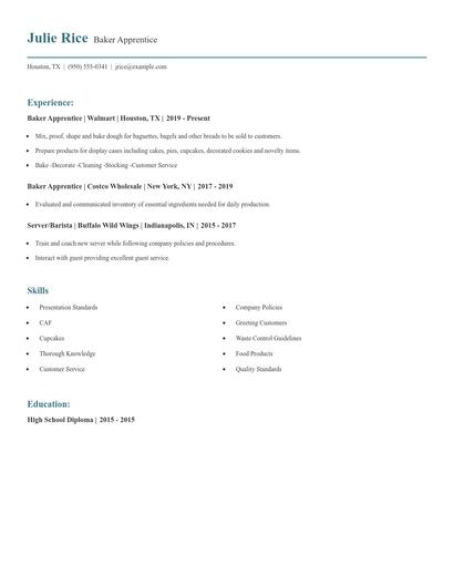 Baker Apprentice Resume