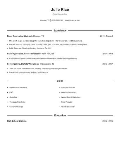Baker Apprentice Resume
