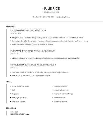 Baker Apprentice Resume