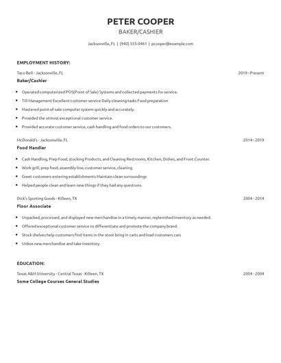 Baker/Cashier Resume