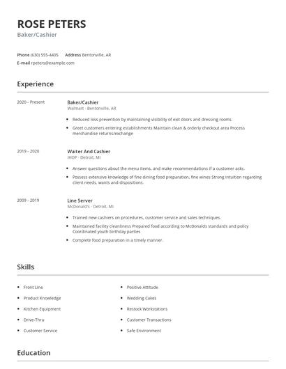 Baker/Cashier Resume
