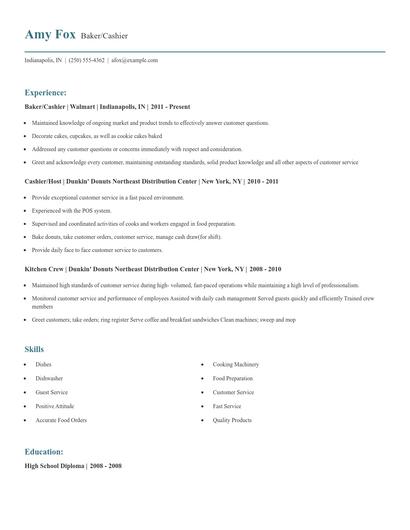 Baker/Cashier Resume