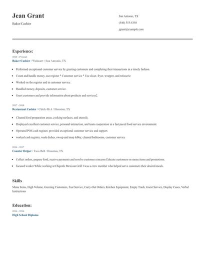 Baker/Cashier Resume