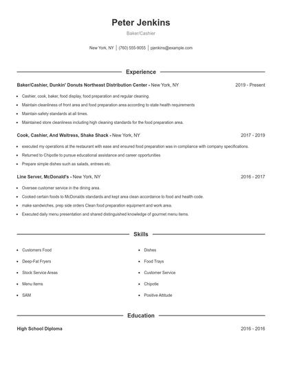 Baker/Cashier Resume