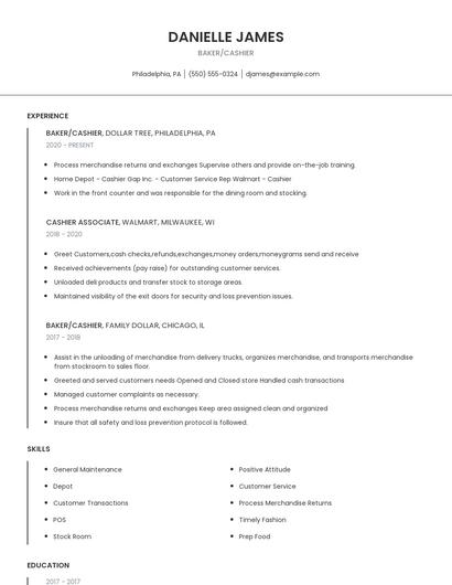 Baker/Cashier Resume
