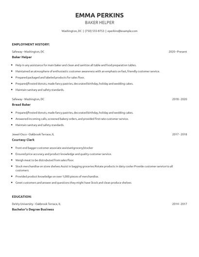 Baker Helper Resume