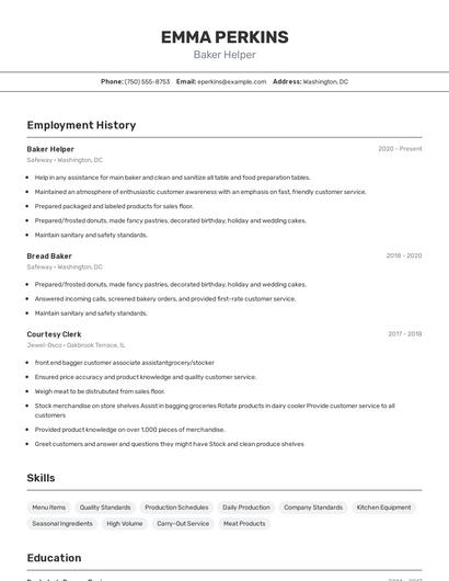 Baker Helper Resume