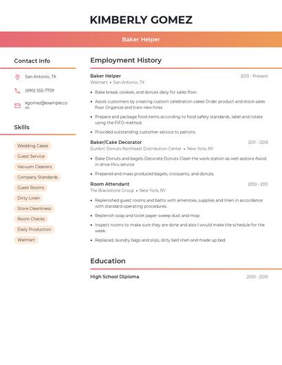 Baker Helper Resume