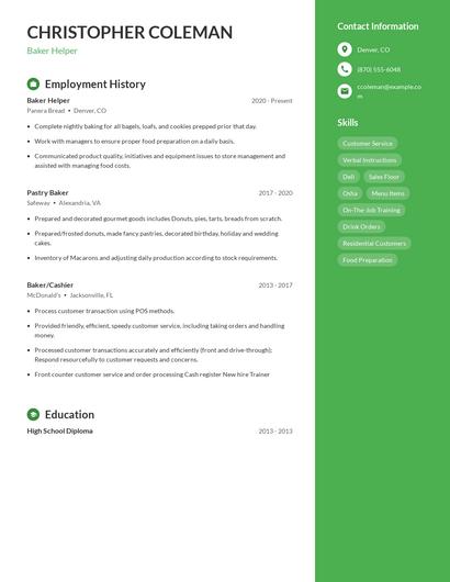 Baker Helper Resume