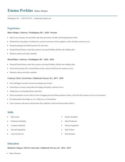 Baker Helper Resume