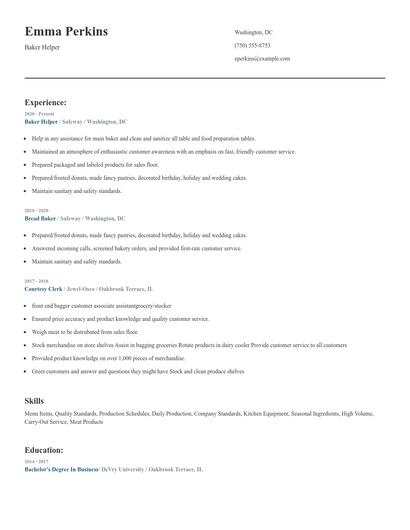 Baker Helper Resume