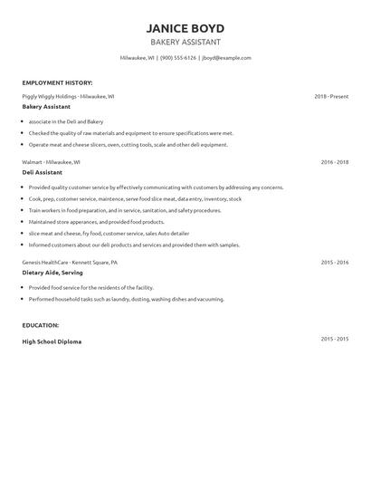 Bakery Assistant Resume