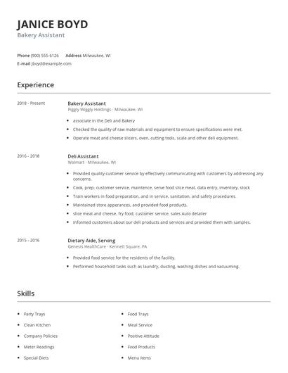 Bakery Assistant Resume