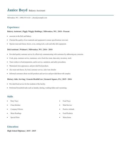 Bakery Assistant Resume