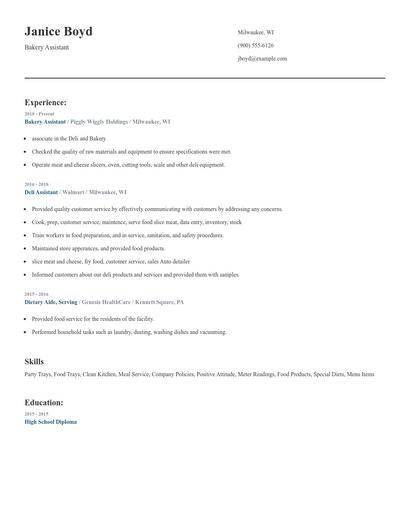 Bakery Assistant Resume