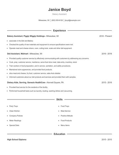Bakery Assistant Resume