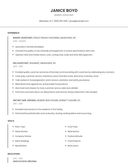 Bakery Assistant Resume
