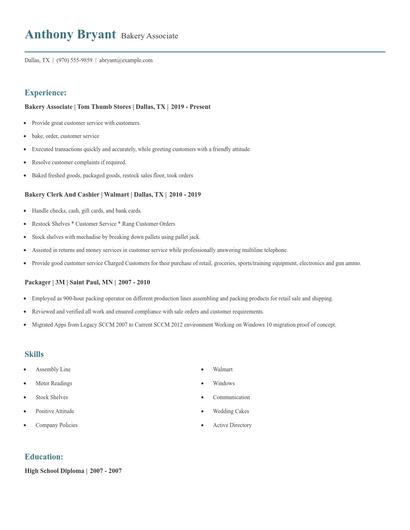 Bakery Associate Resume