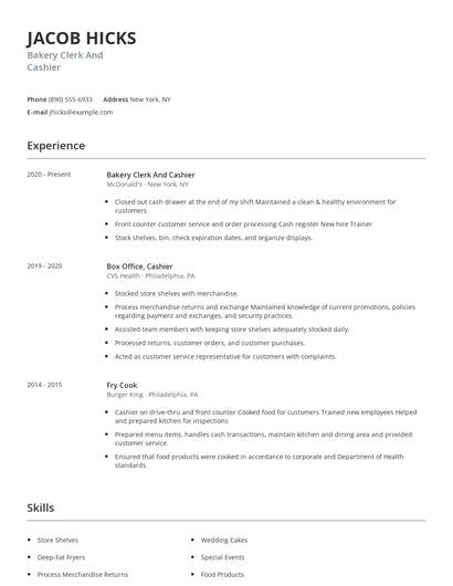 Bakery Clerk And Cashier Resume
