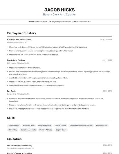 Bakery Clerk And Cashier Resume