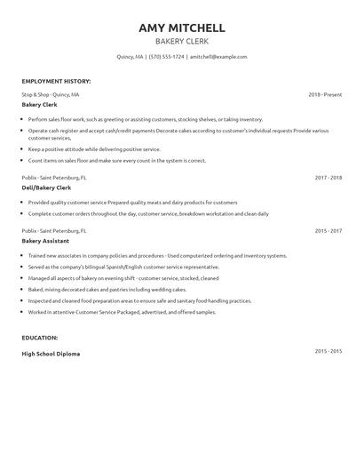 Bakery Clerk Resume