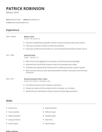 Bakery Clerk Resume