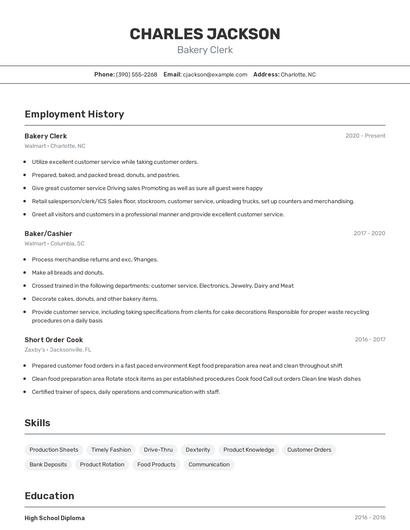 Bakery Clerk Resume