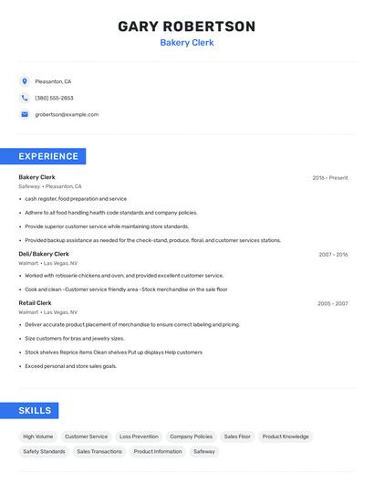 Bakery Clerk Resume