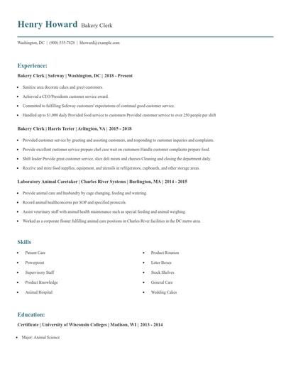 Bakery Clerk Resume