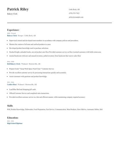 Bakery Clerk Resume