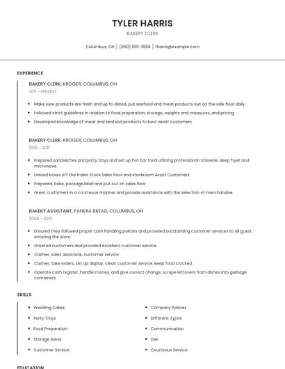Bakery Clerk Resume