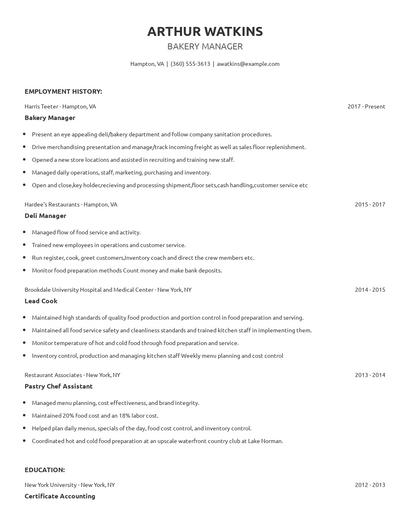 Bakery Manager Resume