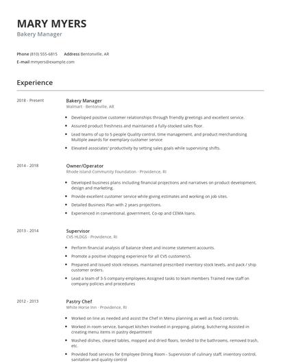 Bakery Manager Resume